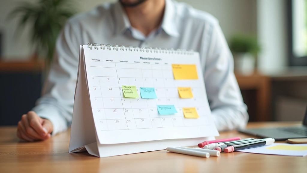 Kalender op bureau met gekleurde markeringen voor maandelijkse onderhoudstaken en deadlines
