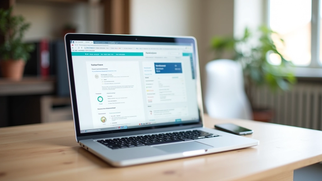 Laptop op een bureau met WordPress dashboard zichtbaar op het scherm, modern kantoor, natuurlijk licht