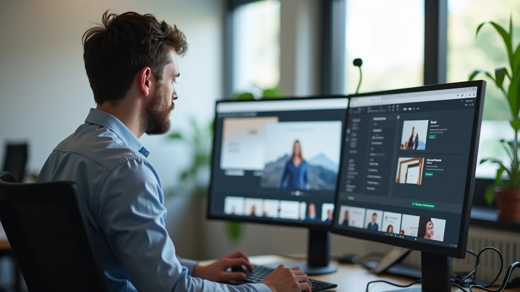 Ontwerper werkt aan WordPress thema op computer, design studio met monitors